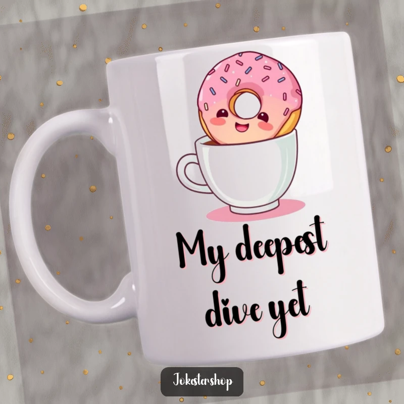 Funny coffee mug with a giggling donut floating upside down in a steaming cup of coffee, looking utterly delighted.