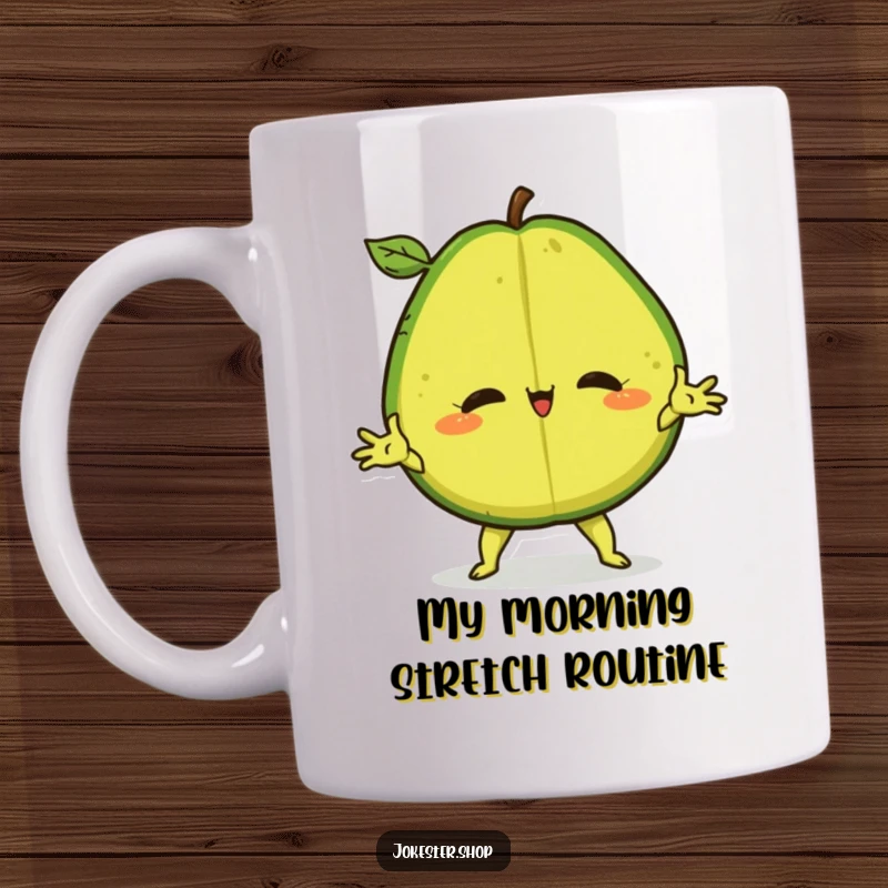 Funny Mug featuring a confident avocado performing a dramatic ballet split, showcasing its flexibility and humor.