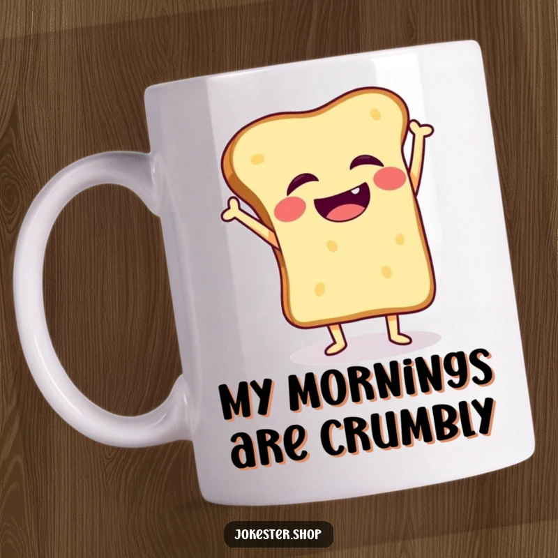Funny mug showing a giggling toast slice hilariously wobbling while attempting a handstand, full of breakfast cheer.