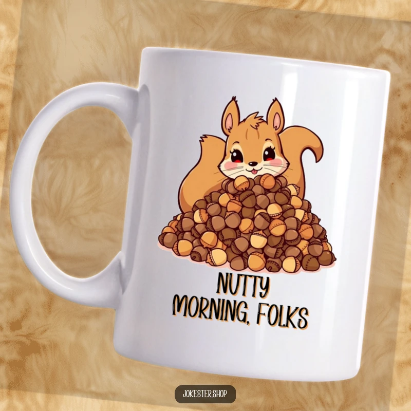 Funny Mug: Mischievous squirrel with an enormous pile of acorns, showcasing its hoarding nature with humor.