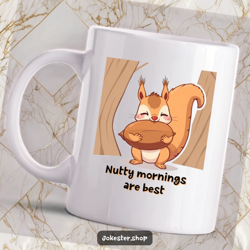 Funny mug depicts a squirrel precariously balancing a huge acorn on its nose, showcasing comical focus.