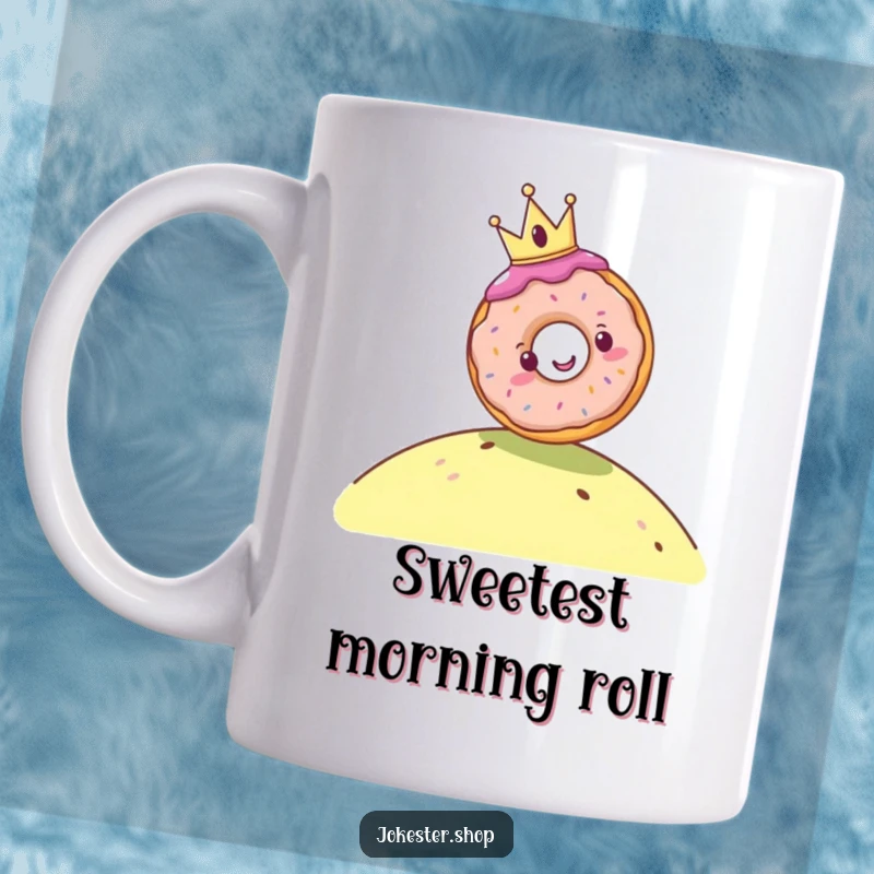 Funny mug depicting a cheerful donut wearing a tiny crown happily rolling down a hill, embodying joyful indulgence and sweet-themed fun.