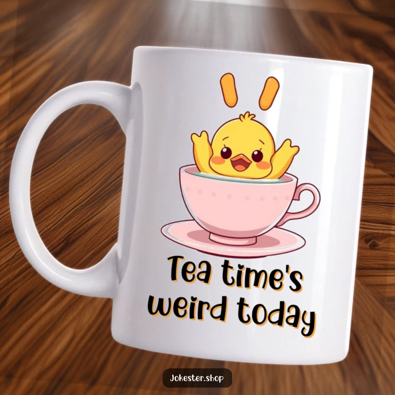 Funny Mug: A shocked rubber ducky floating upside down in a teacup, creating a comical and unexpected visual for a humorous gift.