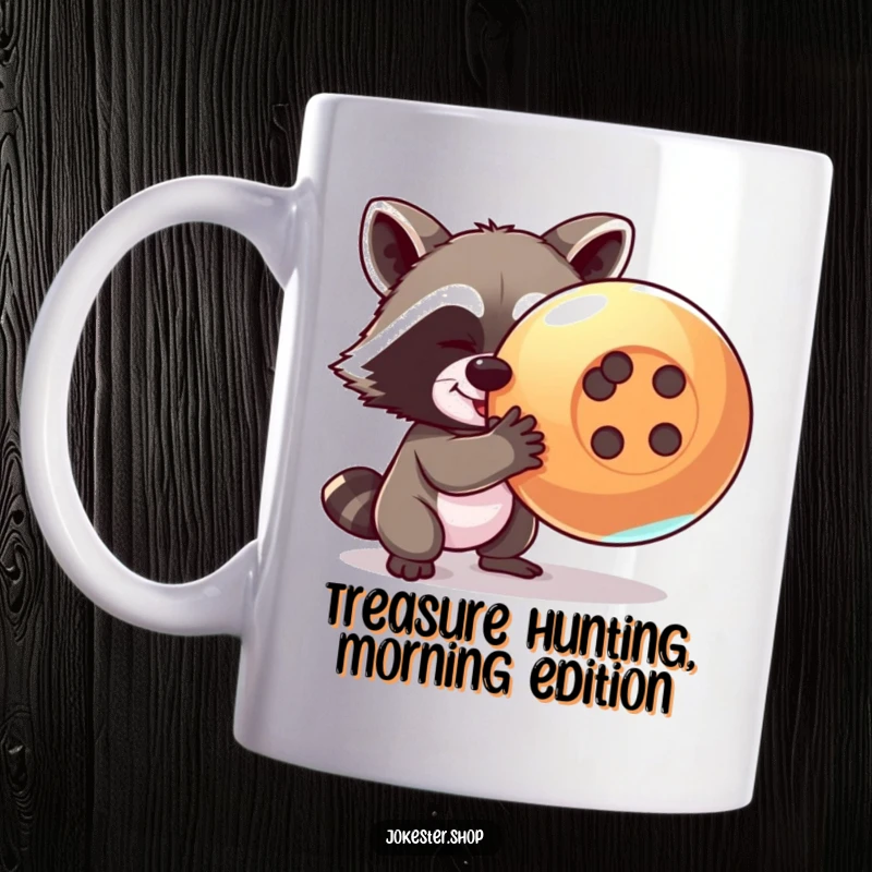 Funny raccoon mug depicting a mischievous raccoon attempting to steal a giant, shiny button, capturing a moment of playful larceny.