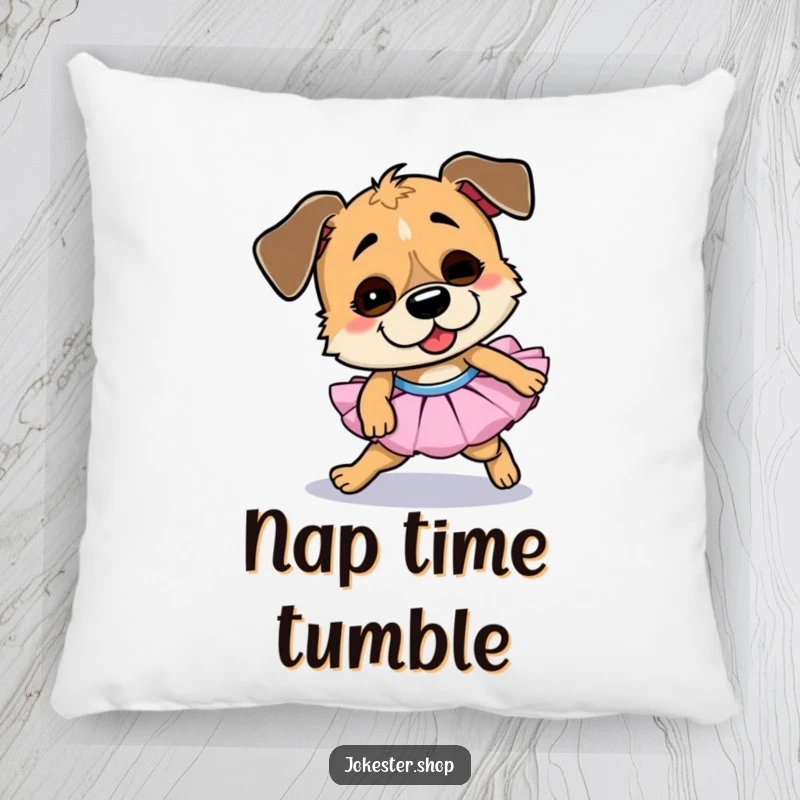 Funny dog pillow, soft and plush, wearing a tutu and comically tripping, bringing a sense of goofy comfort and laughter.