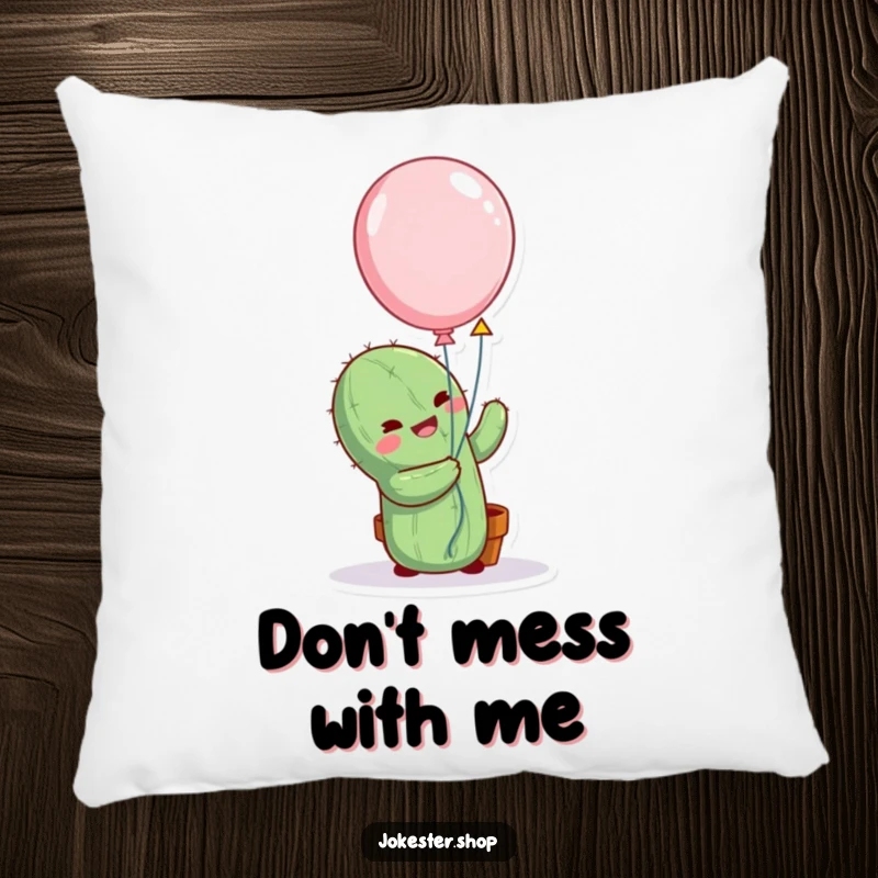 Funny cactus character comically hugging a balloon on a soft pillow, illustrating a humorous and heartwarming moment for relaxation.