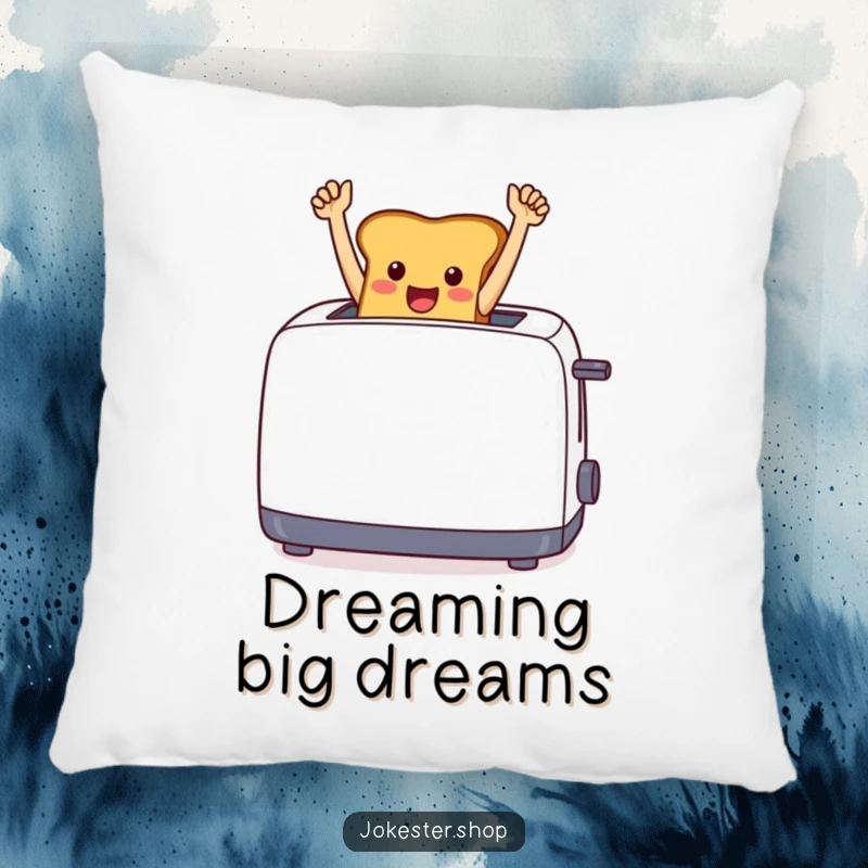 Funny cheerful toast jumping out of a toaster with arms raised in victory, designed on a soft pillow.