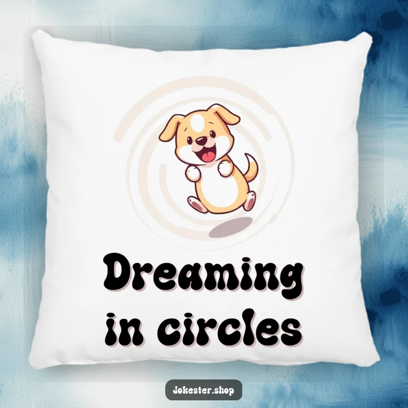 Funny dog pillow, bewildered dog chasing its tail in a dizzying spiral, soft and humorous decor for pet enthusiasts.