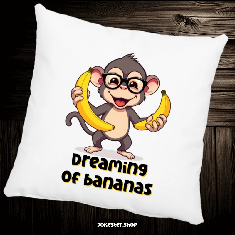 Funny pillow featuring a mischievous, bespectacled monkey juggling bright, oversized bananas, bringing comical comfort to any room.