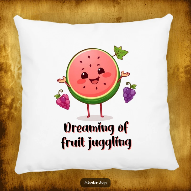 Funny pillow featuring a smiling watermelon slice juggling three tiny grapes, offering a soft, humorous accent for any room.