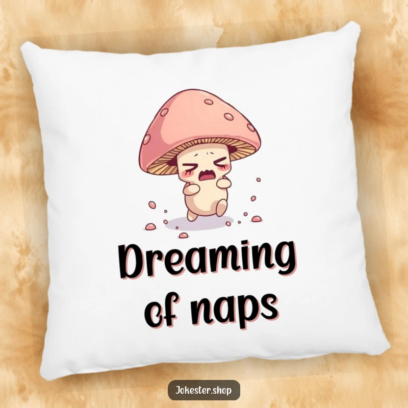 Funny decorative pillow with a nervous mushroom character tripping over its cap, scattering spores.