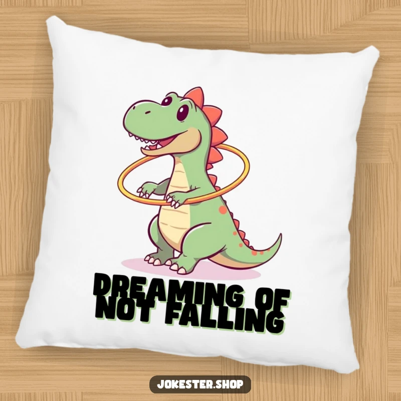 Funny pillow showcasing a clumsy dinosaur hilariously crashing while trying to hula hoop, soft and squishy.