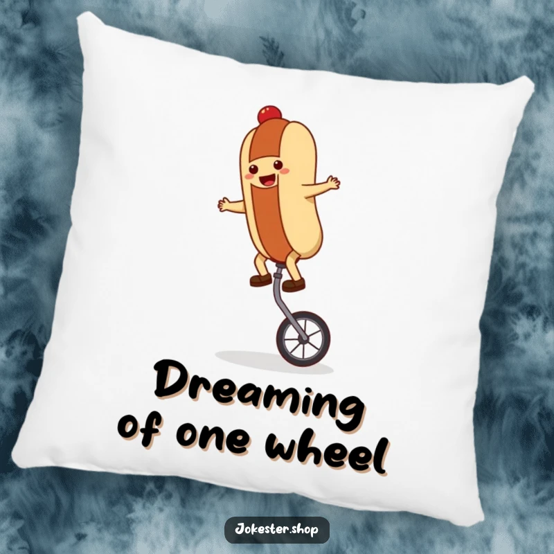 Soft, comfortable funny hot dog character balancing on a unicycle, designed on a plush pillow for humorous decor.