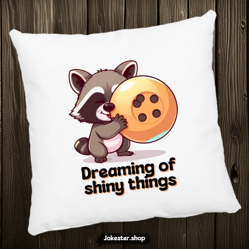 Funny raccoon pillow featuring a mischievous raccoon attempting to steal a giant, shiny button, offering comfort and playful humor.