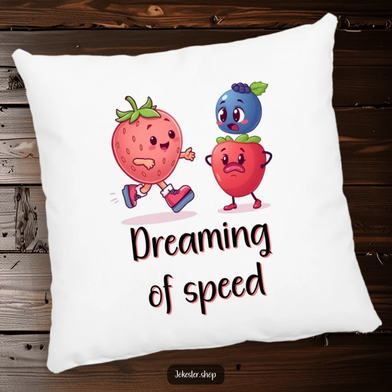 Funny Fruit Pillow: A plump strawberry on roller skates speeding past a bewildered blueberry, soft and humorous design.