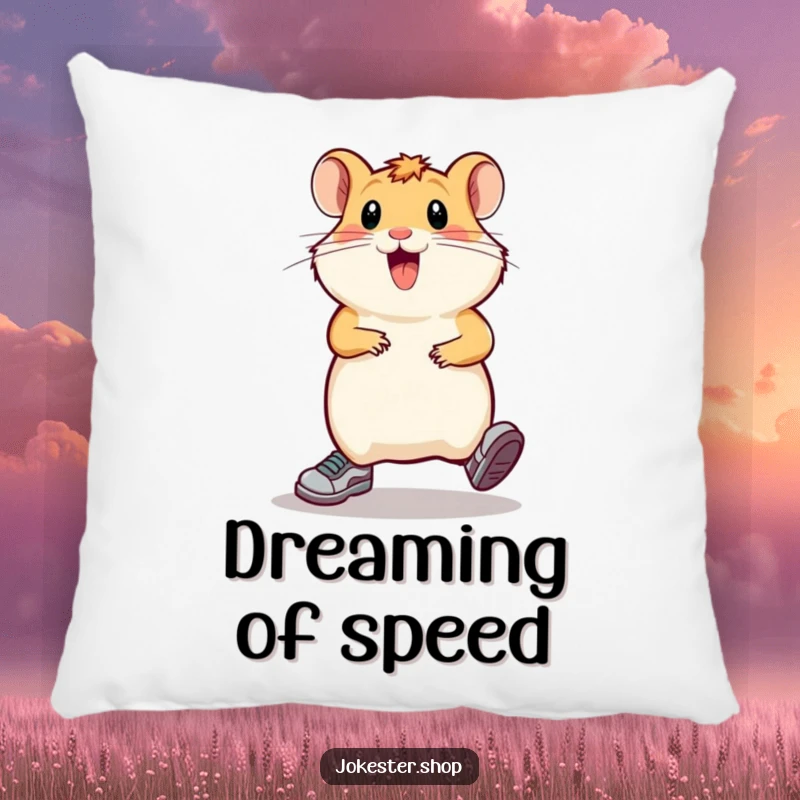 Funny hamster wearing tiny running shoes, comically sprinting in place, offering a soft, humorous touch to any cozy space.