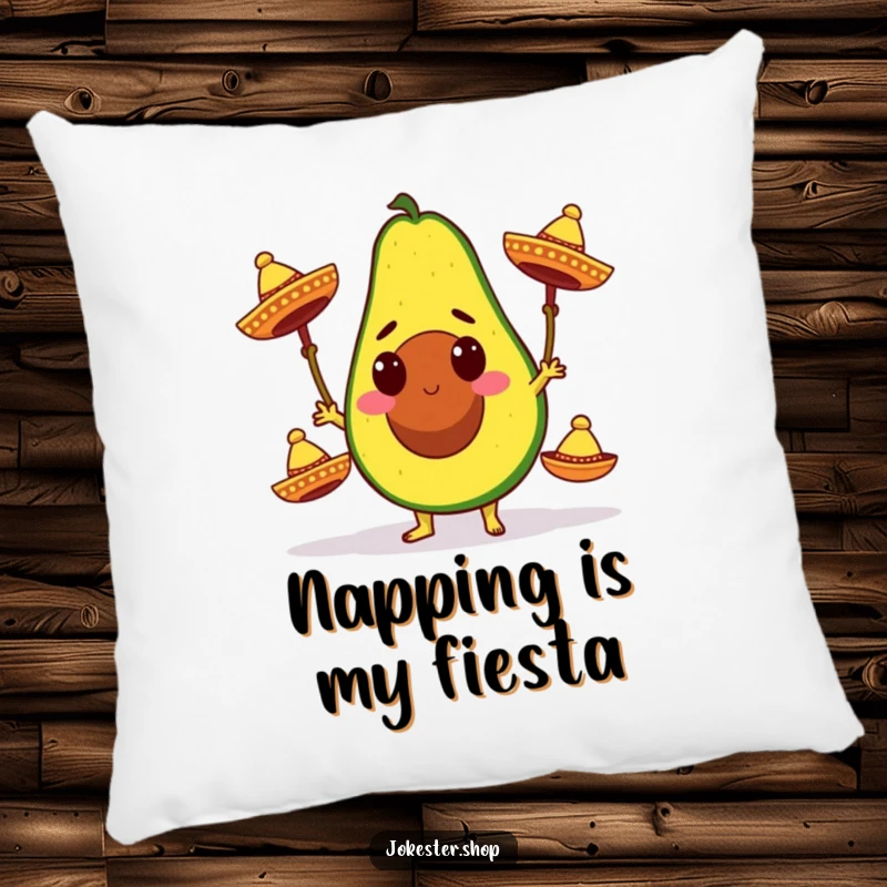 Funny pillow with a determined avocado character actively juggling three miniature sombreros, adding a festive and humorous touch.