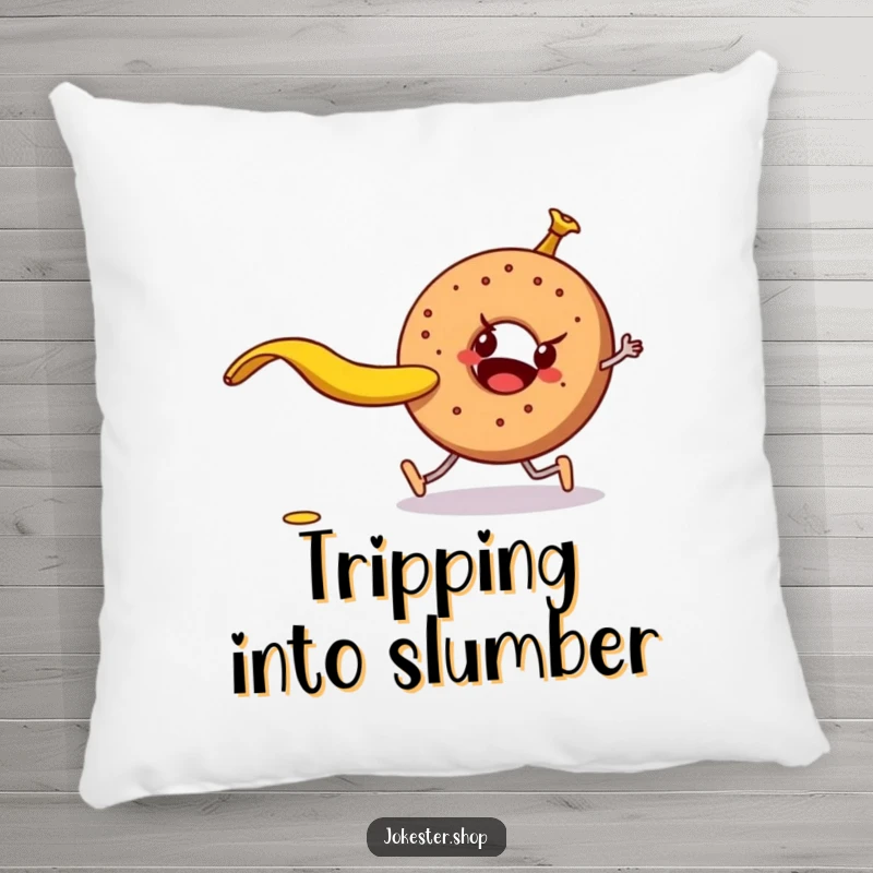 Soft, funny mischievous banana peel about to trip a walking bagel, on a plush pillow, designed for humorous decor.
