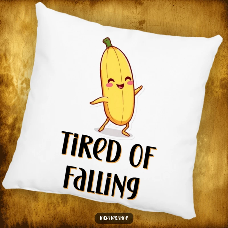 Funny banana peel with legs slipping on itself on a soft pillow, a comical funny gift.