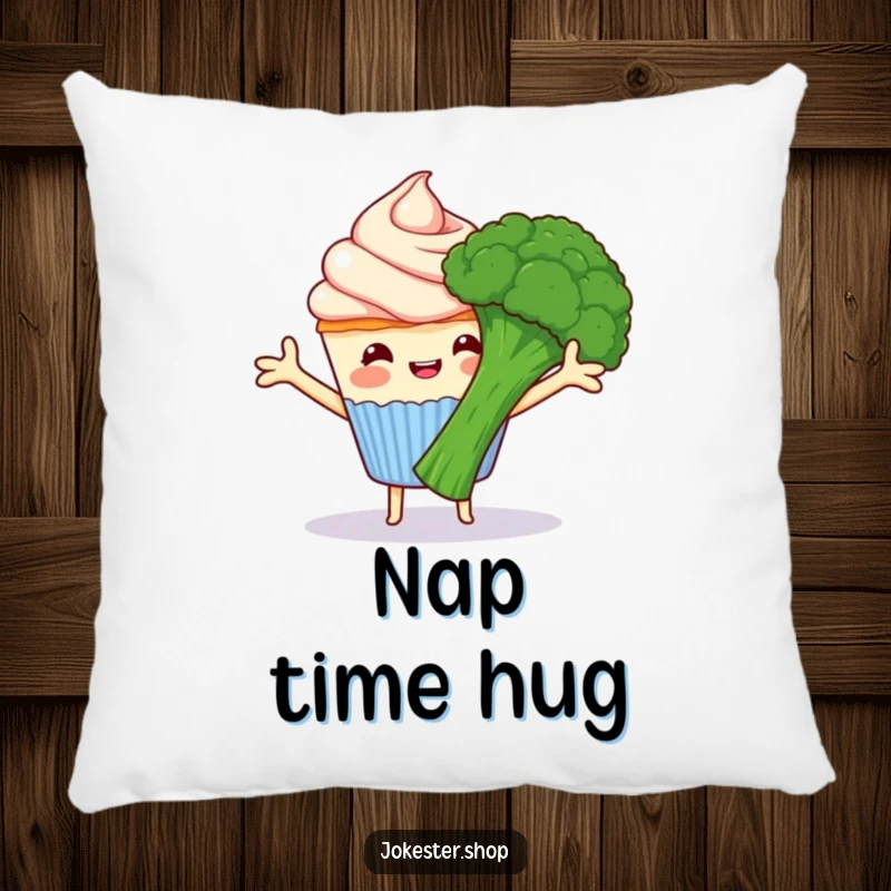 Funny happy cupcake with frosting arms hugging grumpy broccoli, a plush pillow featuring sweet and grumpy cartoon food, great funny gift.