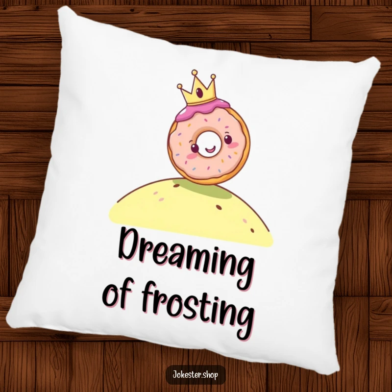Funny pillow with a cheerful donut wearing a tiny crown rolling down a hill, perfect for adding sweet comfort and playful humor to any cozy spot.