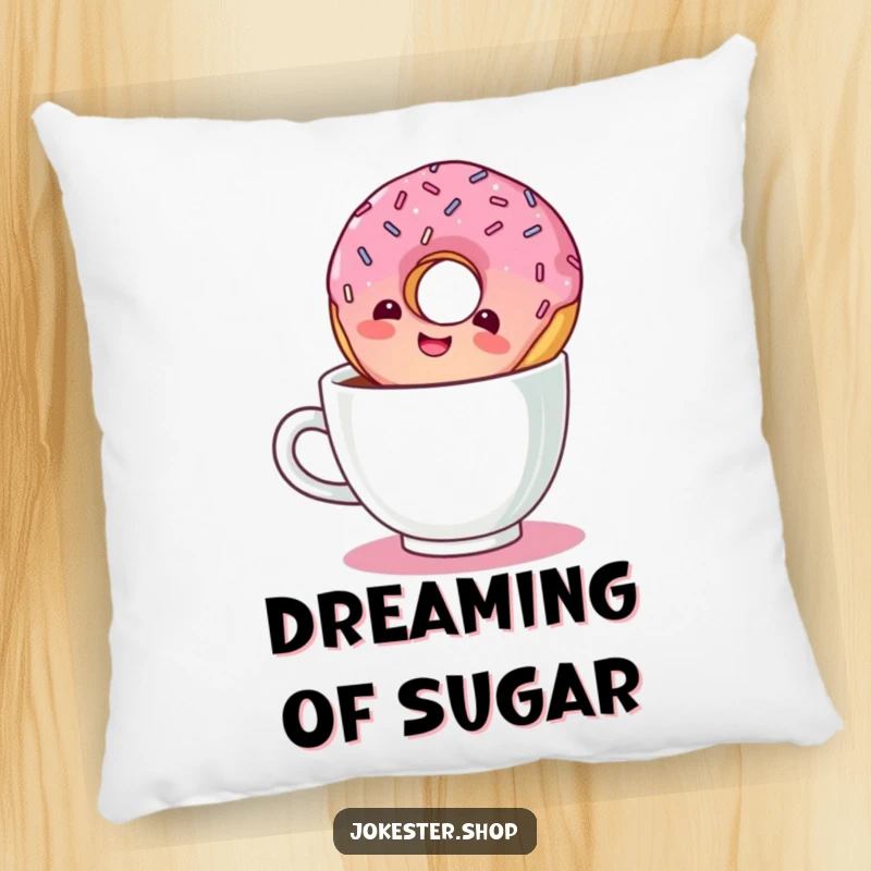 Funny throw pillow featuring a giggling donut with sprinkles floating upside down in a coffee cup, perfect for snuggling.