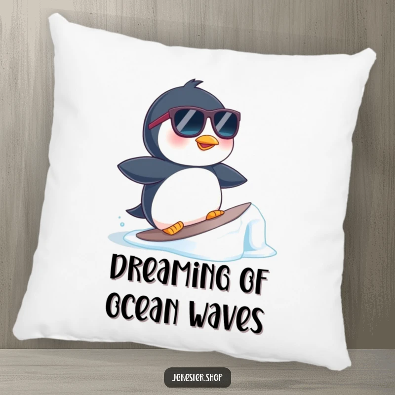 Funny pillow design of a penguin in sunglasses surfing a tiny ice floe, radiating a cool and humorous beach atmosphere.