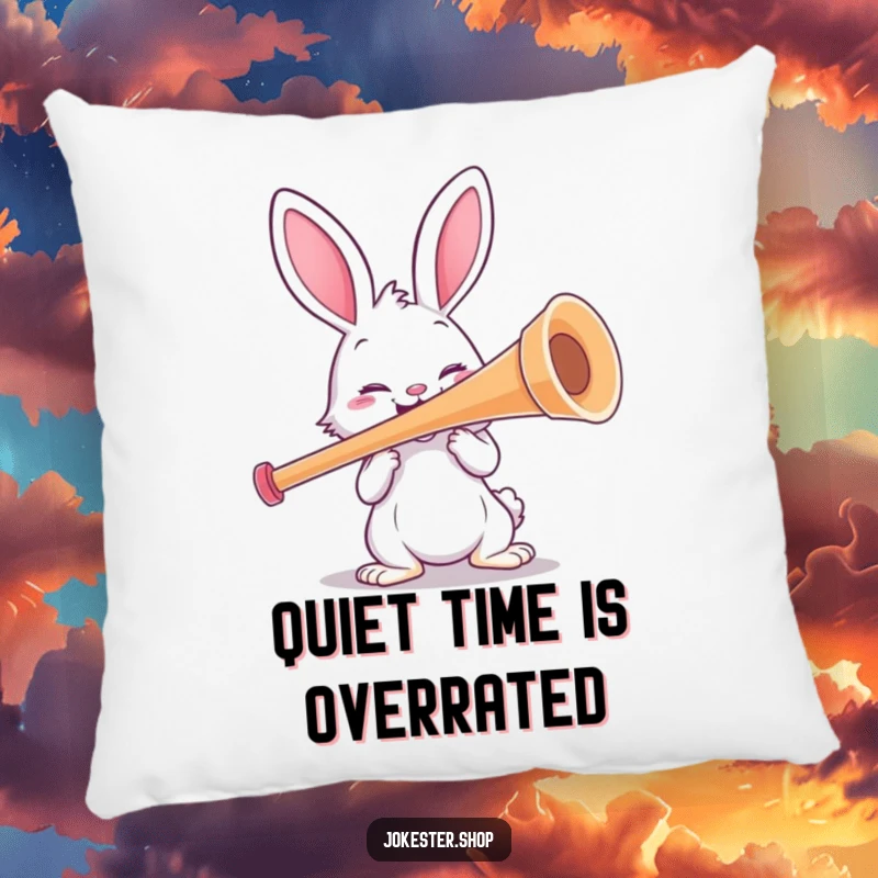 Funny rabbit character hilariously attempting to play a massive kazoo, bringing smiles. A soft and funny pillow for humorous comfort.