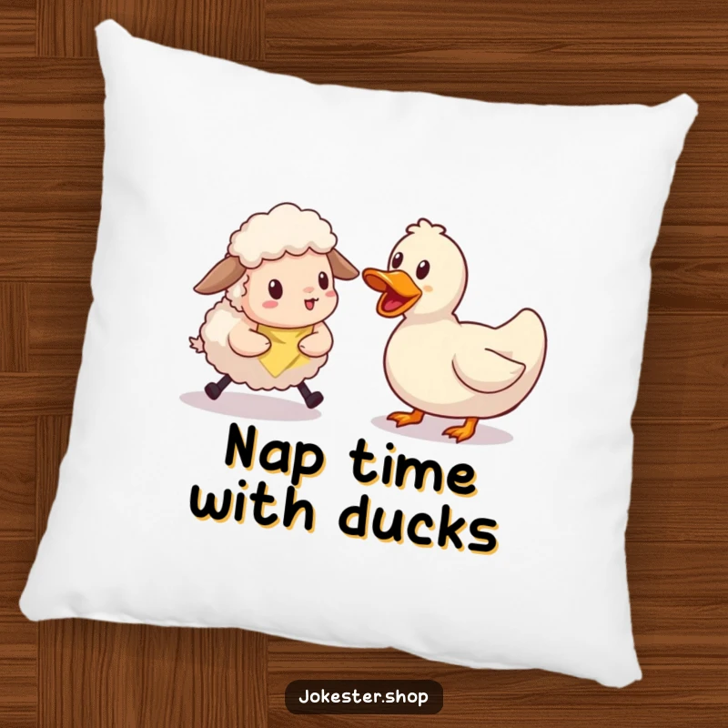 Funny sheep character looking perplexed while trying to herd a single, unyielding rubber duck. A soft and funny pillow for humorous comfort.