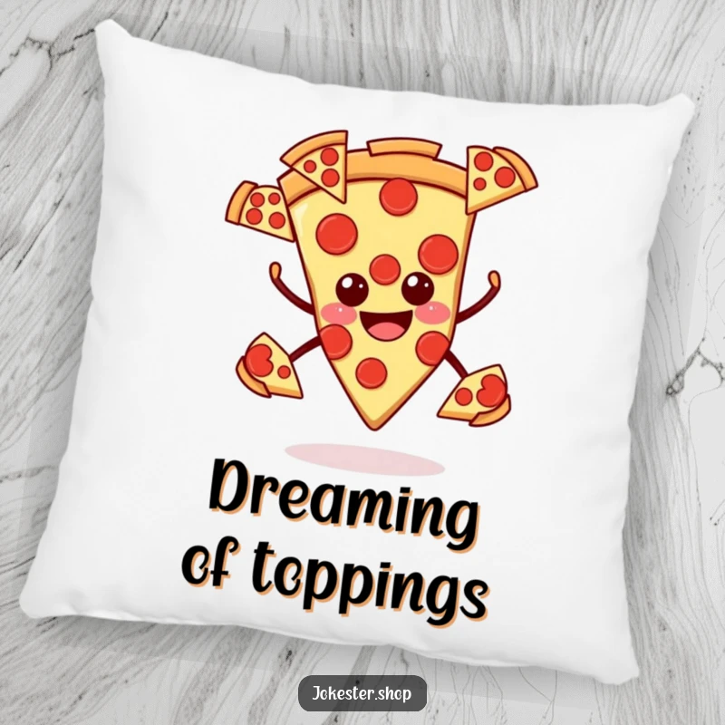 Funny pizza pillow, smiling slice juggling pepperoni slices, soft and humorous decor for food lovers.