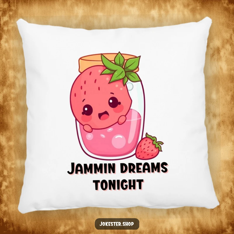 Funny cheerful strawberry stuck in a jam jar, looking surprised, a plush pillow featuring a comical fruit character, great funny gift.