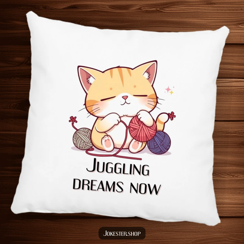 Funny pillow with a sleepy cat character attempting to juggle yarn balls, looking comically tired, offering a humorous and comforting touch.