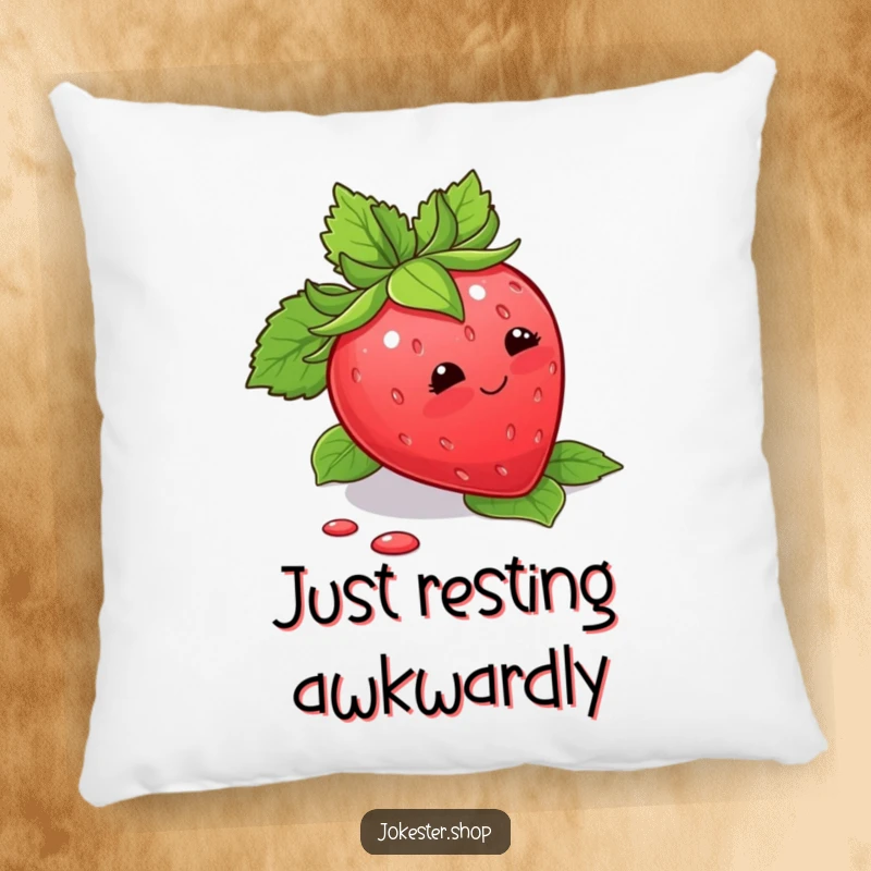 Funny Pillow with a blushing strawberry tripping over its leaves, offering comfort and sweet humor.