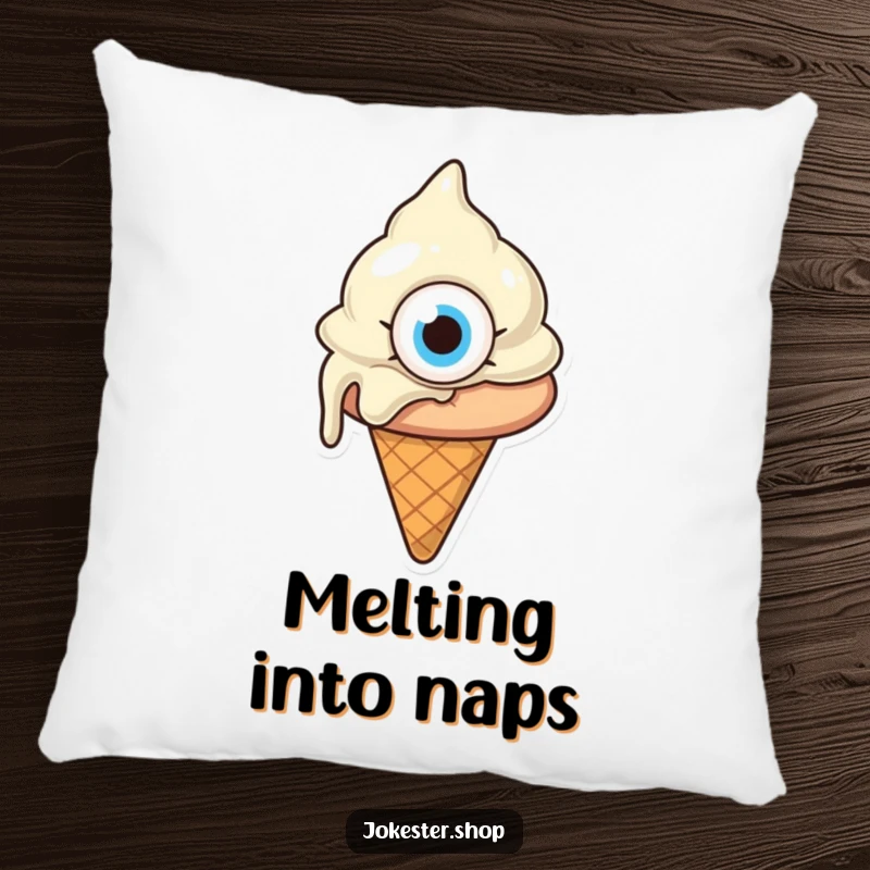 Funny melting ice cream cone with one giant eye, looking confused, a plush pillow featuring a bewildered cartoon dessert, great funny gift.