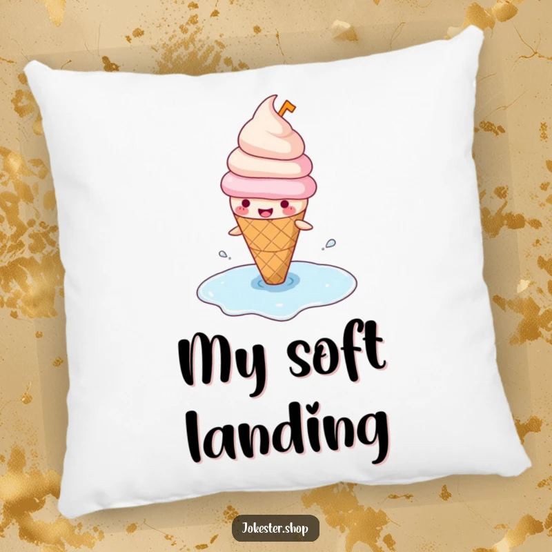 Funny pillow featuring a happy ice cream cone with a tiny hat, comically slipping on its own puddle, bringing sweet humor and comfort.