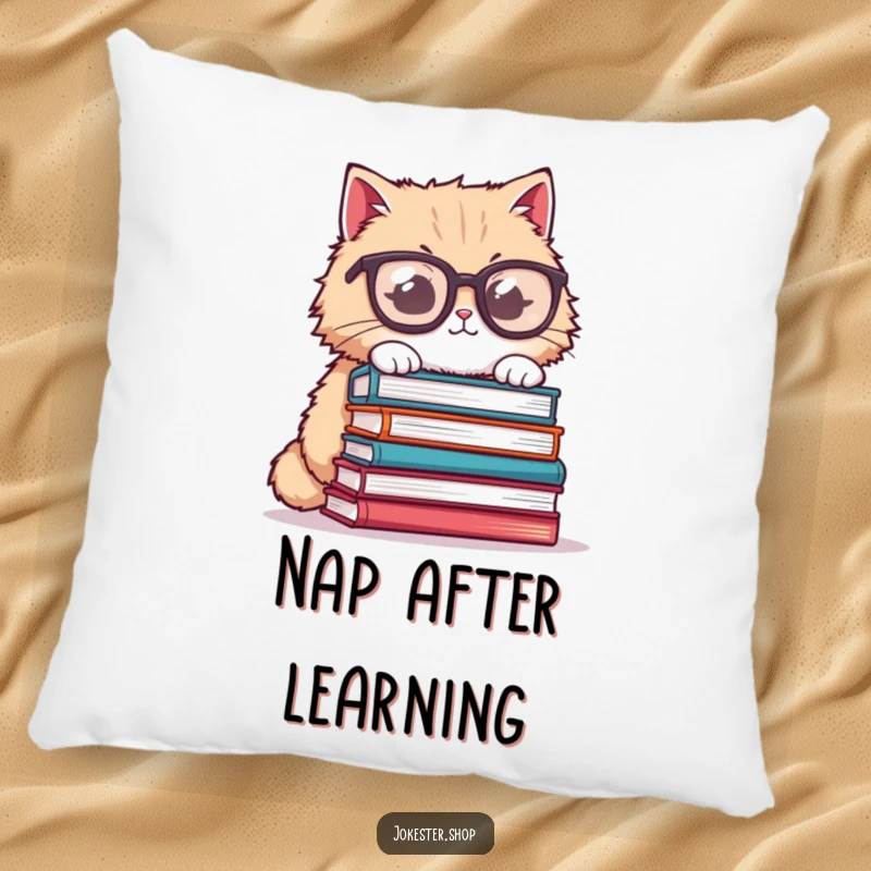 Funny cat pillow, fluffy cat wearing oversized glasses, trying to balance books, soft and humorous decor for book lovers.