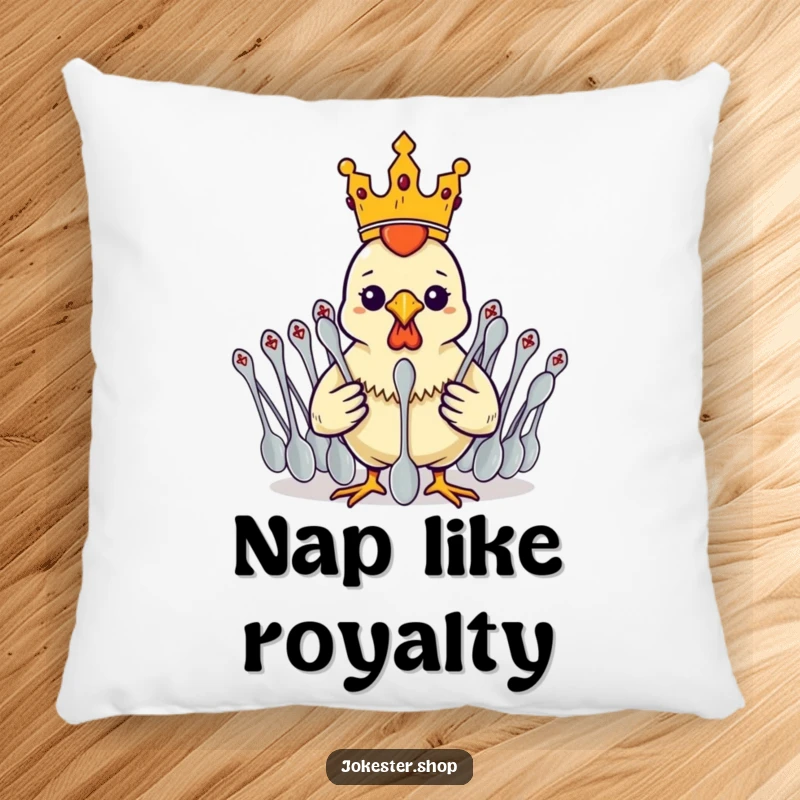 Funny rubber chicken wearing a crown, commanding spoons, perfect for a cozy and humorous decorative pillow.