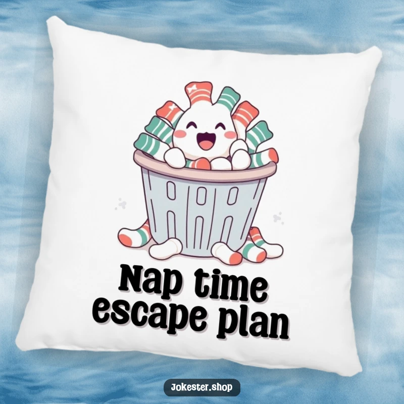 Funny pillow showing a happy pile of socks joyfully escaping a laundry basket, bringing cozy humor and personality to home decor.