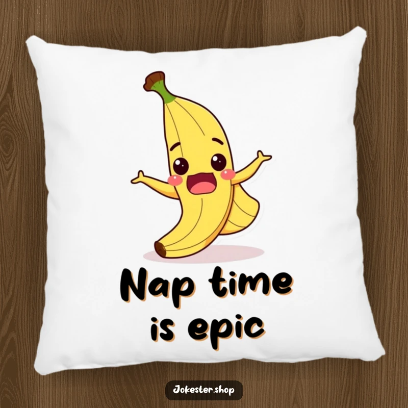 Funny pillow with a cartoon banana peel slipping comically, wide grin, soft and humorous decor for couch or bed.
