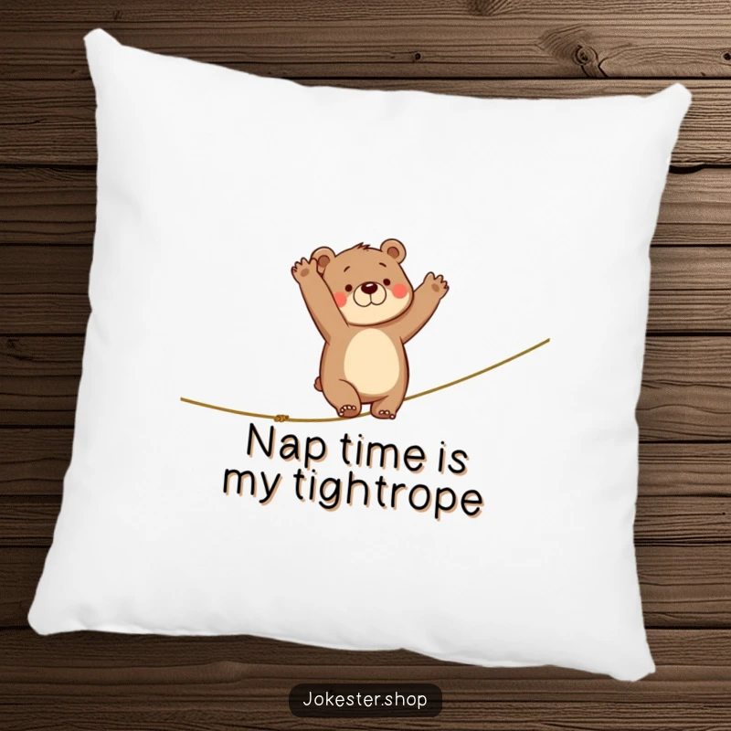 Funny pillow design of a bear falling off a tightrope, arms and legs flailing comically, perfect for adding humor to any room.