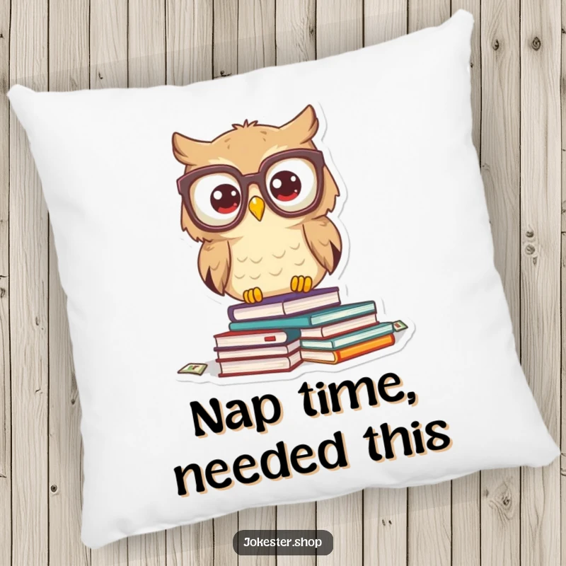 Funny owl character with large glasses, books tumbling around it. A soft and funny pillow for bookish comfort.
