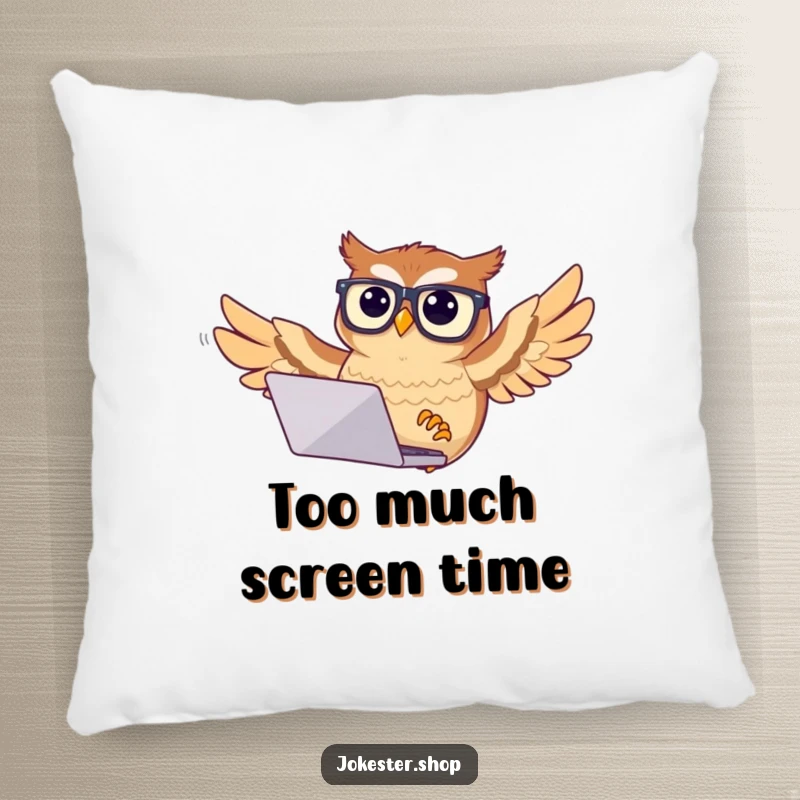 Funny confused owl pillow featuring an owl in glasses trying to fly with a laptop, offering comfort and tech-related amusement.