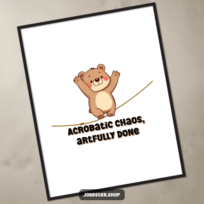 Funny digital art print of a clumsy bear mid-fall from a tightrope, arms flailing in a comical and expressive way.