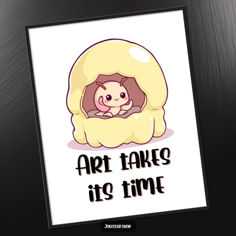 Funny shy snail peeking from a huge, wobbly jelly mold, available as a high-resolution digital art print.