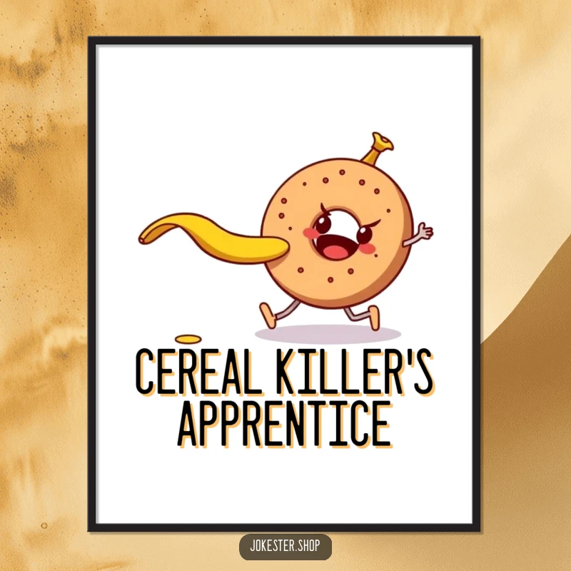 Funny mischievous banana peel attempting to trip a walking bagel, as a downloadable digital art print for humorous wall decor.