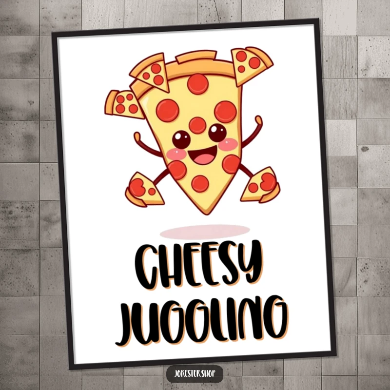 Funny pizza digital art, smiling slice juggling pepperoni slices, humorous and appetizing illustration for decor.
