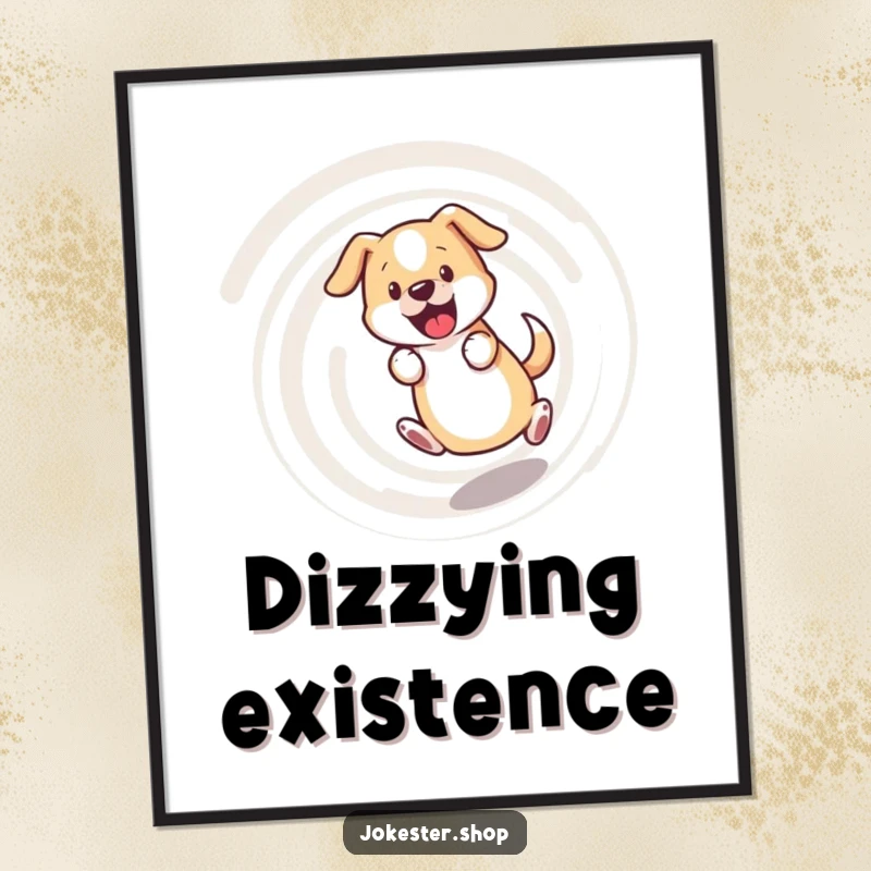 Funny dog digital art, bewildered dog chasing its tail in a dizzying spiral, humorous and energetic illustration for decor.