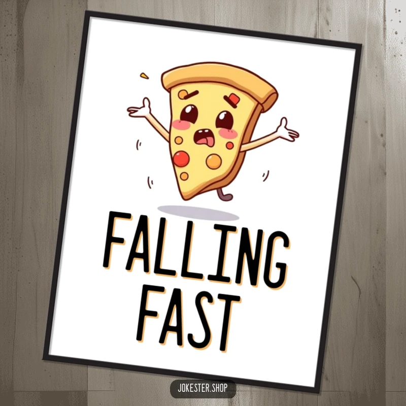 Funny digital art print of a startled slice of pizza with flailing arms as it slides, ideal for humorous and chaotic wall decor.