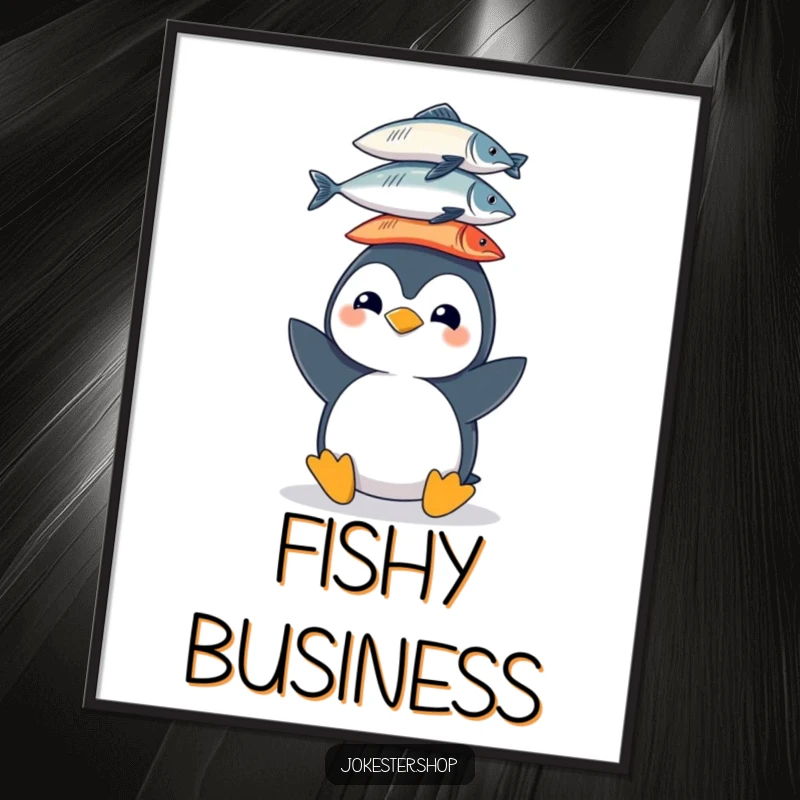 Funny digital art print of a cheerful penguin character balancing a stack of fish on its head, ideal for whimsical and humorous wall decor.