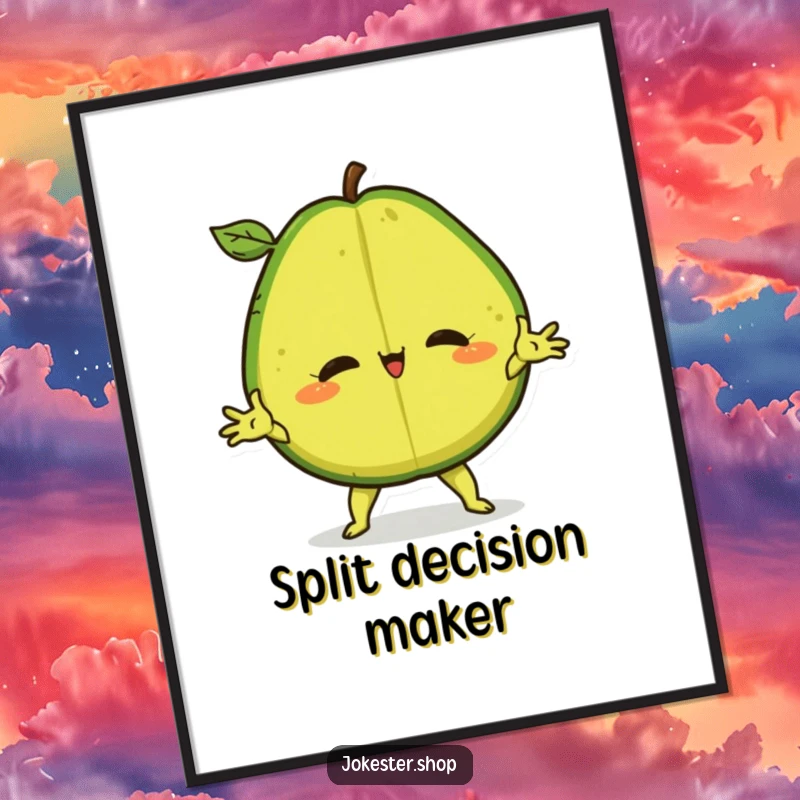 Funny Digital Art Print of a confident avocado in a dramatic split, offering instant humorous decor.